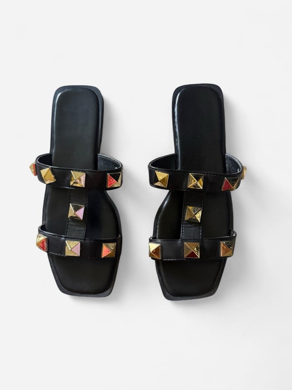 Black Pyramid-Stud Double-Strap Slide Sandals